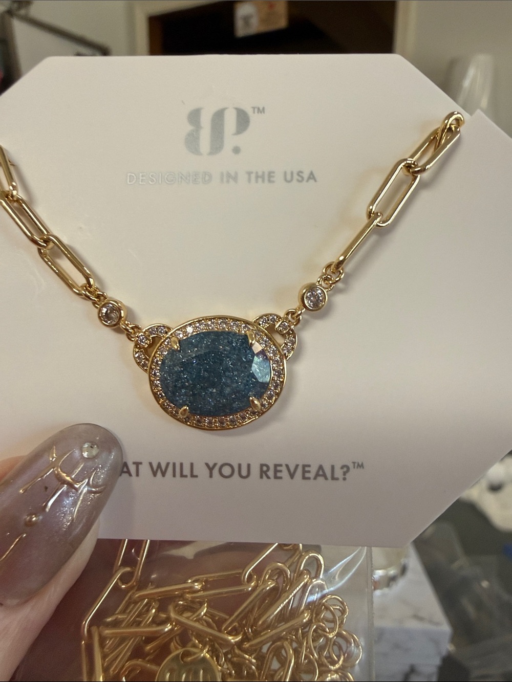 Gold Chain Necklace with Blue Druzy Oval Pendant